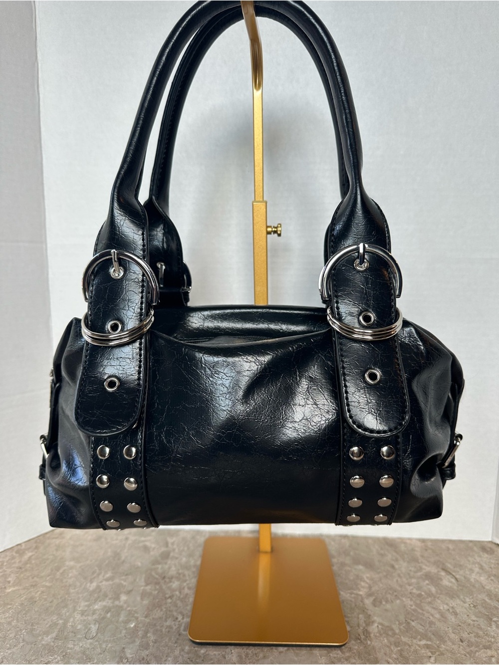 Grunge Punk Black Motorcycle Purse Silver Buckle Accent Handbag
